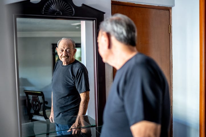 Senior man looking in the mirror at home